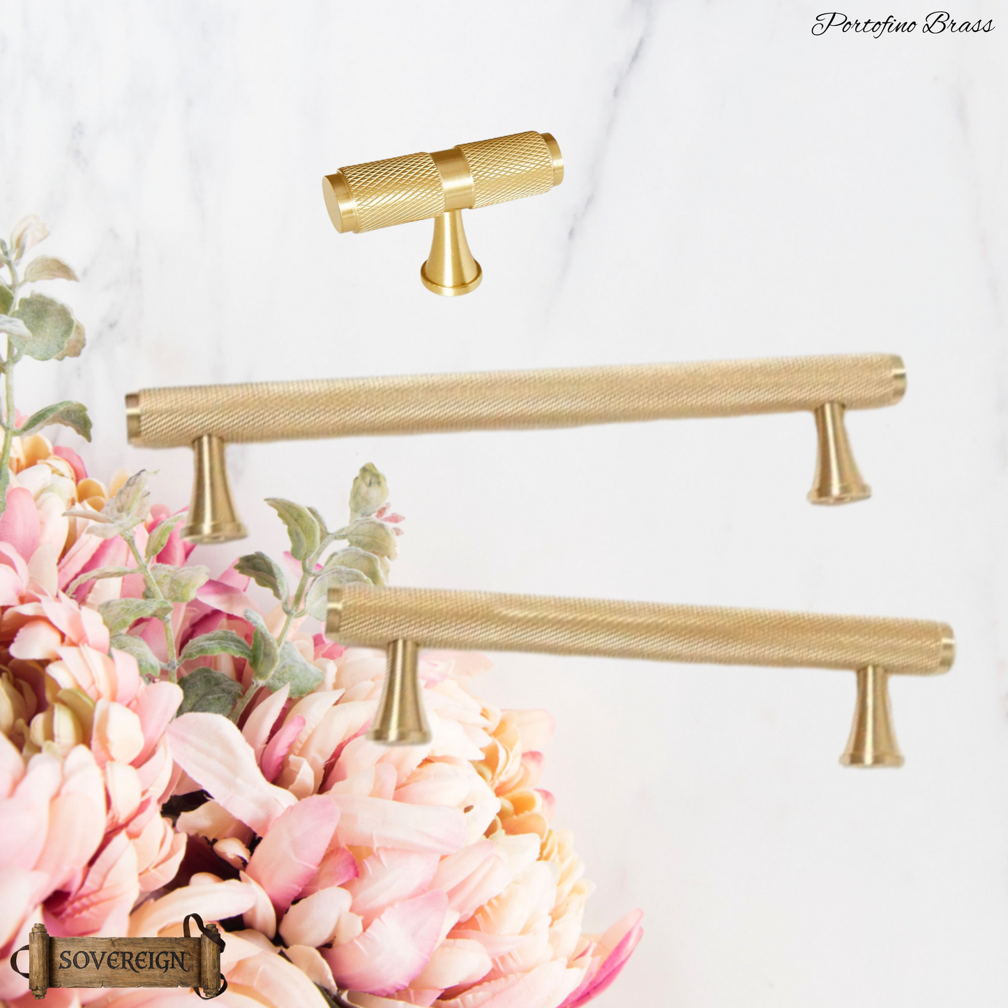 "Portofino" Sovereign Knurled Brushed Brass cabinet T-Bar Handles -9 Sizes