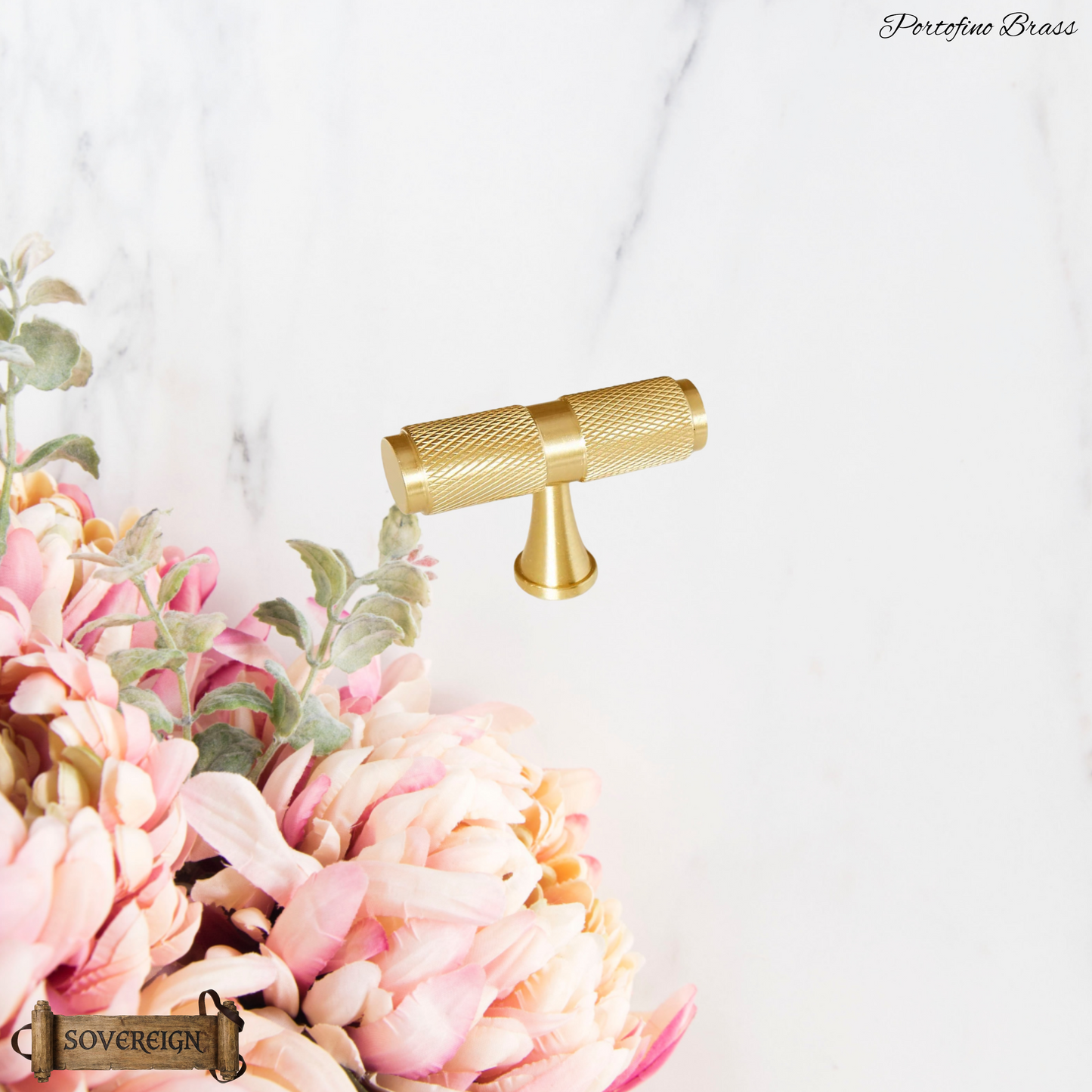 "Portofino" Sovereign Knurled Brushed Brass cabinet T-Bar Handles -9 Sizes