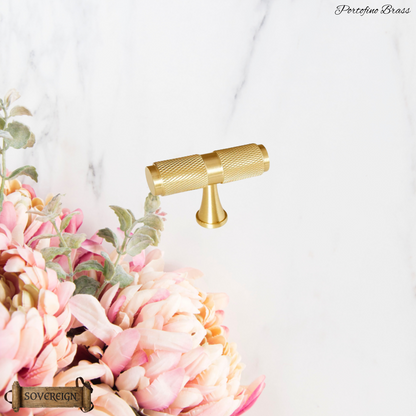 "Portofino" Sovereign Knurled Brushed Brass cabinet T-Bar Handles -9 Sizes