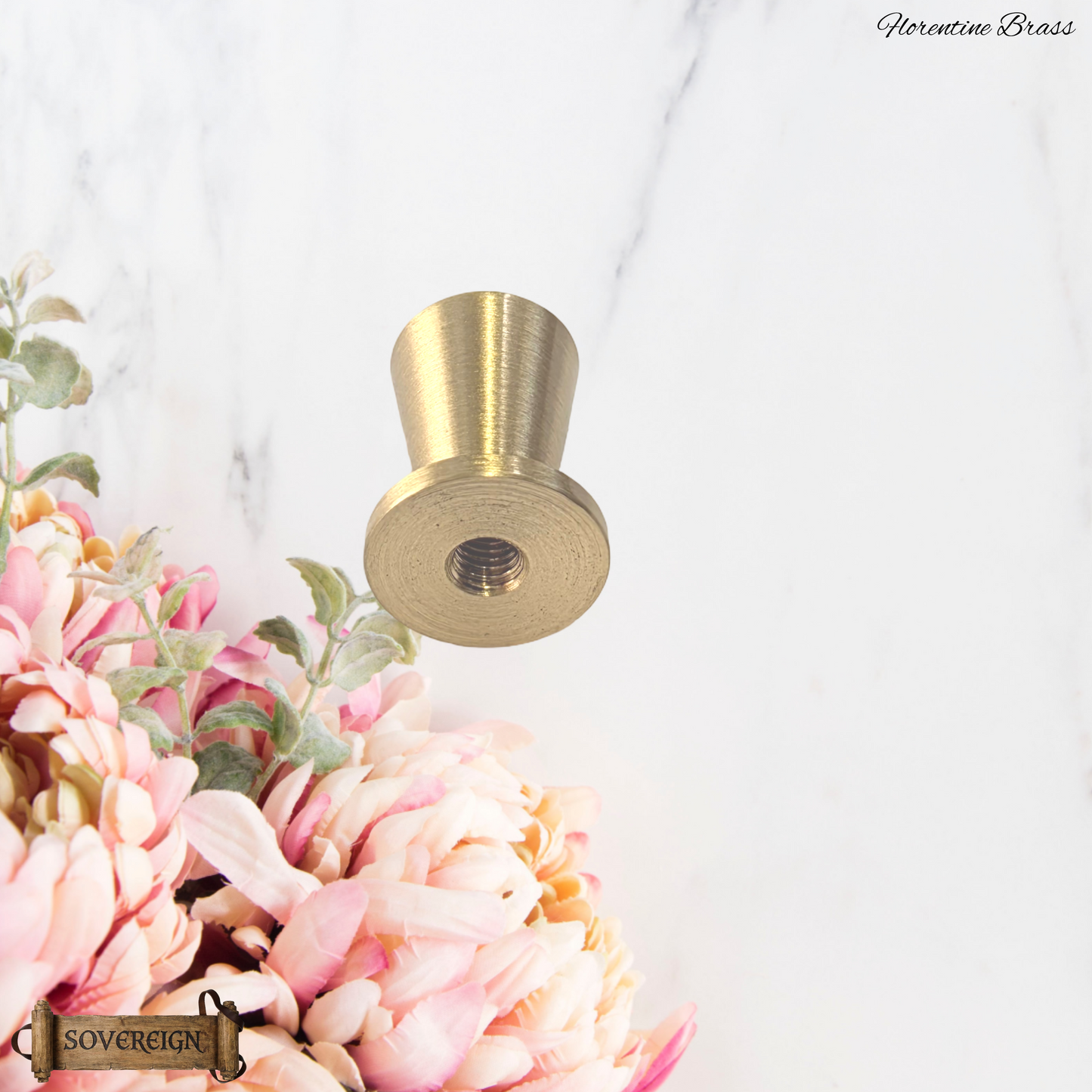 "Florentine" Sovereign Small & Tall 14mm dia Brushed Brass box knob