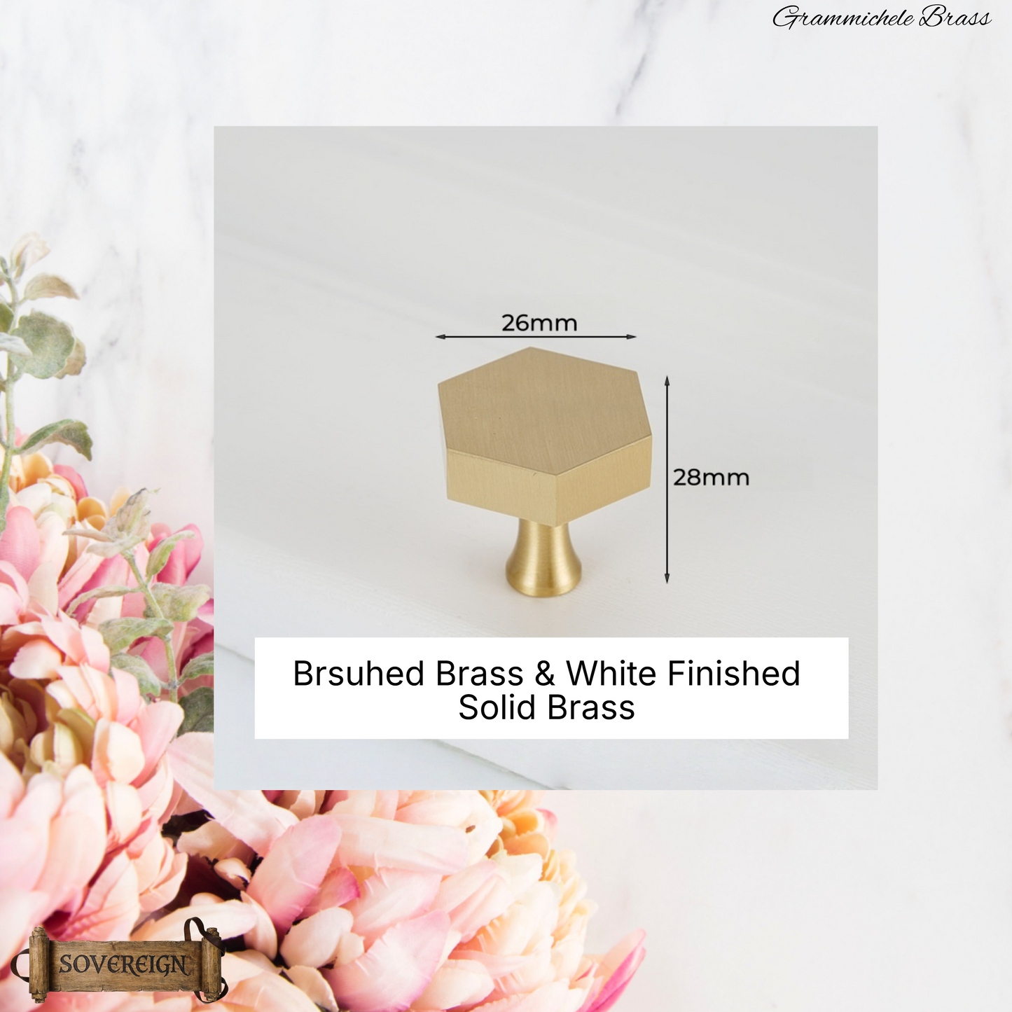 "Grammichele" Sovereign Heaxgonal 26mm dia Brass knob (2 Finishes)