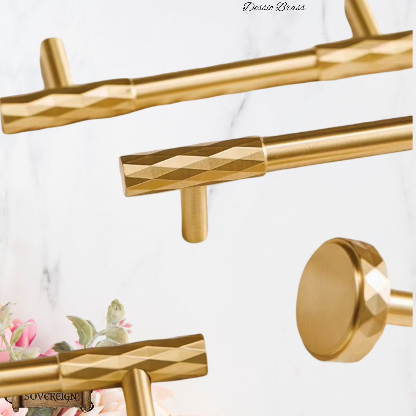 "Dessio" Sovereign Diamond brushed Brass cabinet T-Bar Handles -6 sizes