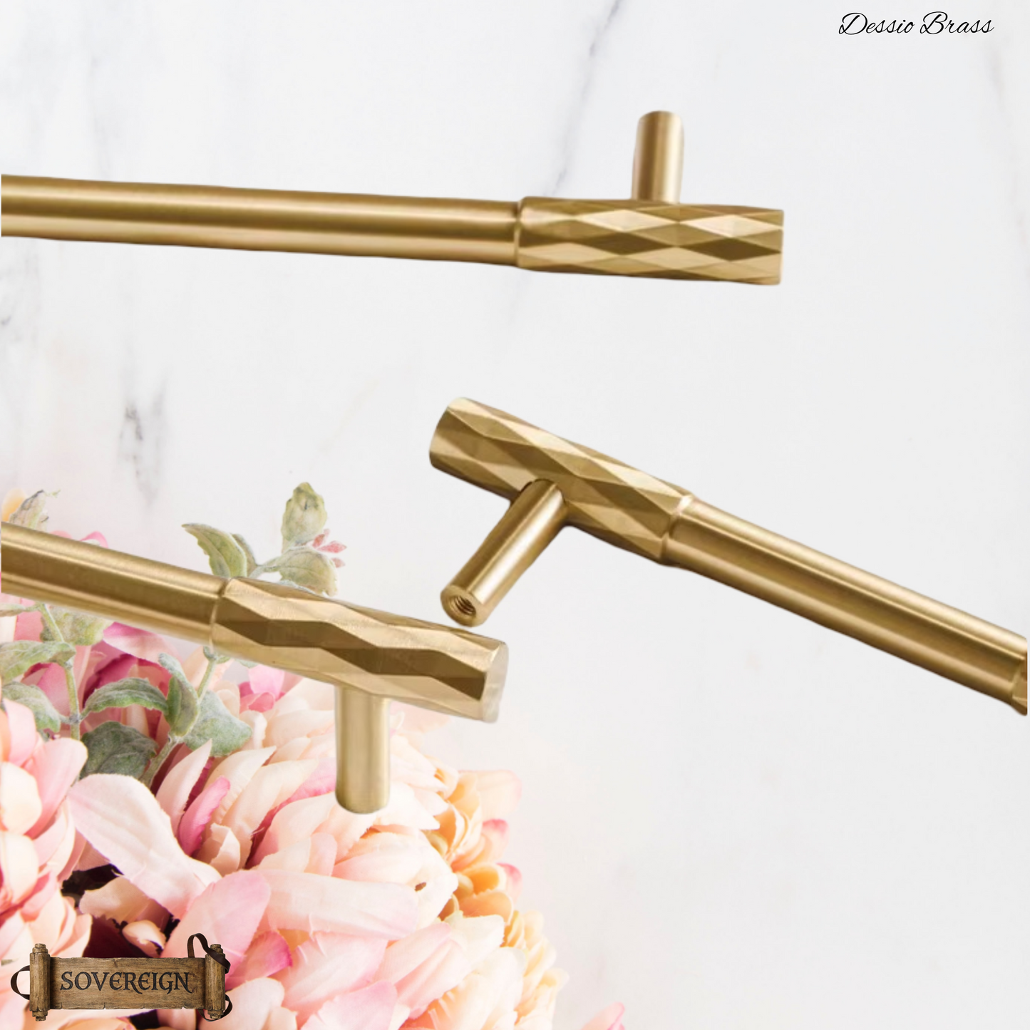 "Dessio" Sovereign Diamond brushed Brass cabinet T-Bar Handles -6 sizes