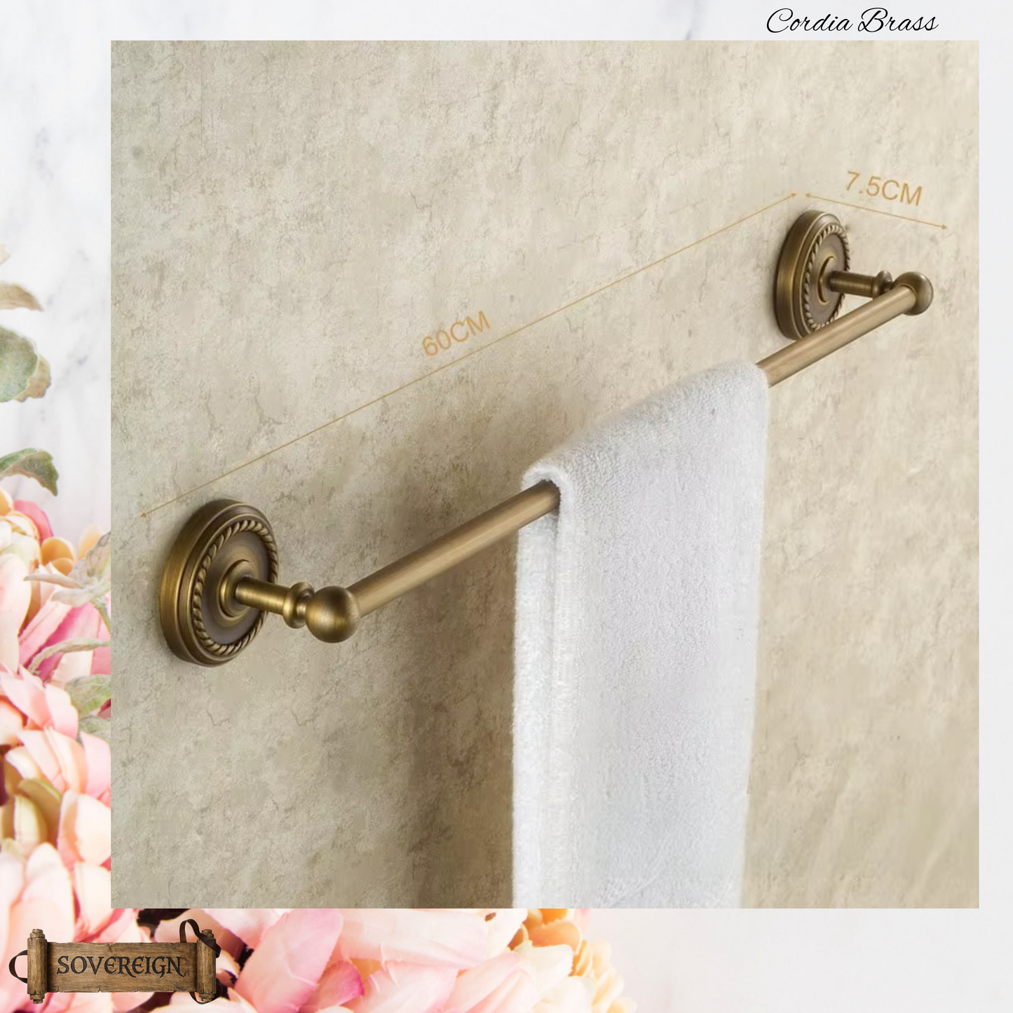 "Cordia" Sovereign Single Towel Rail Antiqued brass 600mmx 75mm
