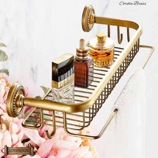 "Cordia" Sovereign Shower Basket -Standard antiqued brass 350mmx150mm