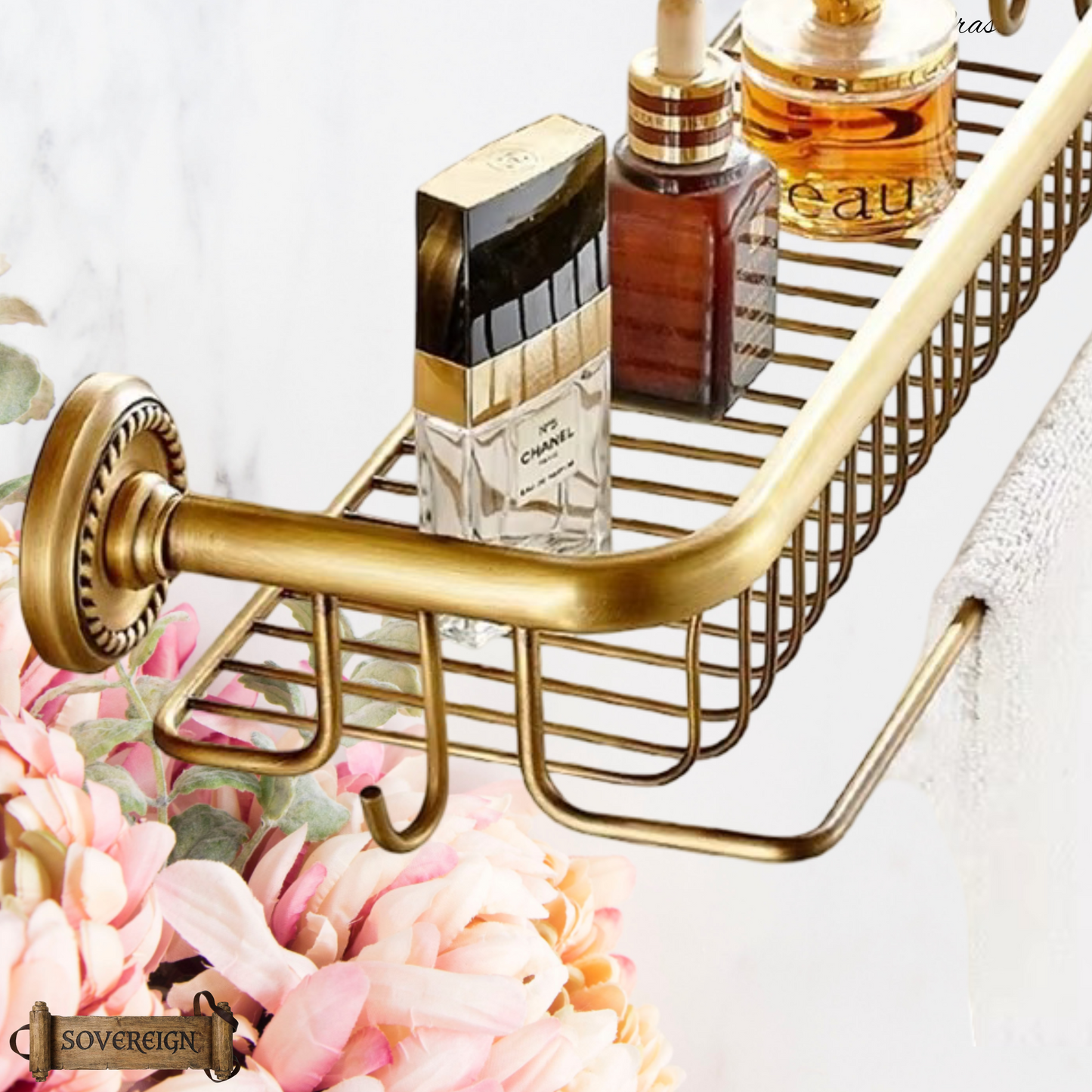 "Cordia" Sovereign Shower Basket -Standard antiqued brass 350mmx150mm