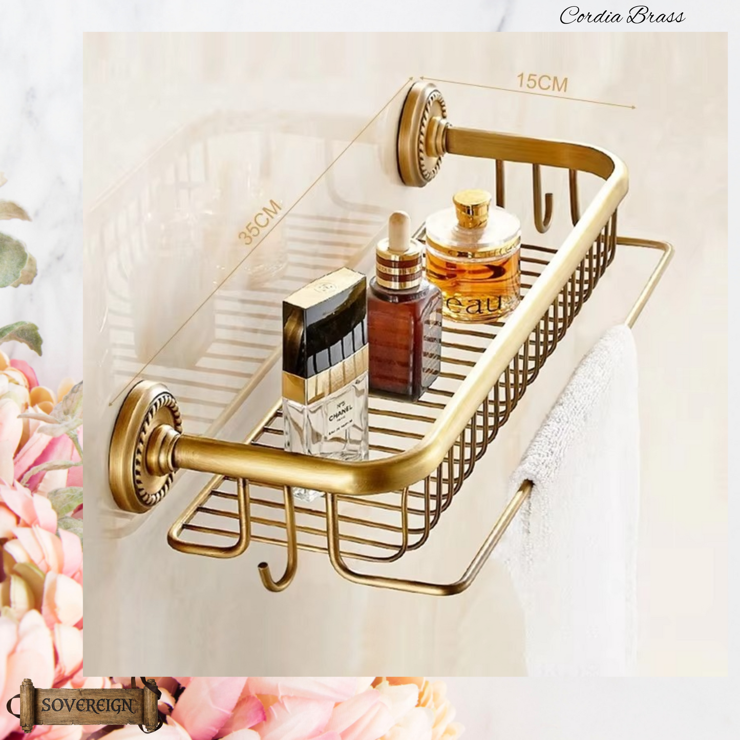 "Cordia" Sovereign Shower Basket -Standard antiqued brass 350mmx150mm