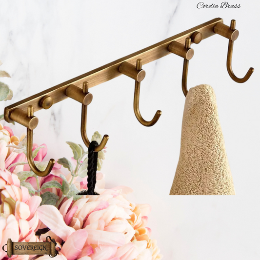 "Cordia" Sovereign 5 Hook Rack antiqued brass 280mm long