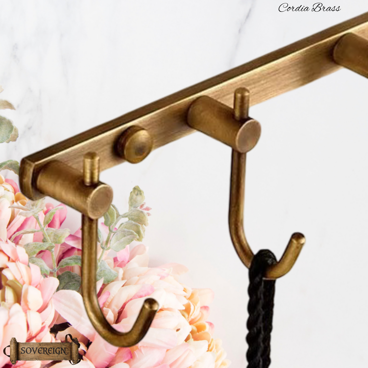 "Cordia" Sovereign 5 Hook Rack antiqued brass 280mm long