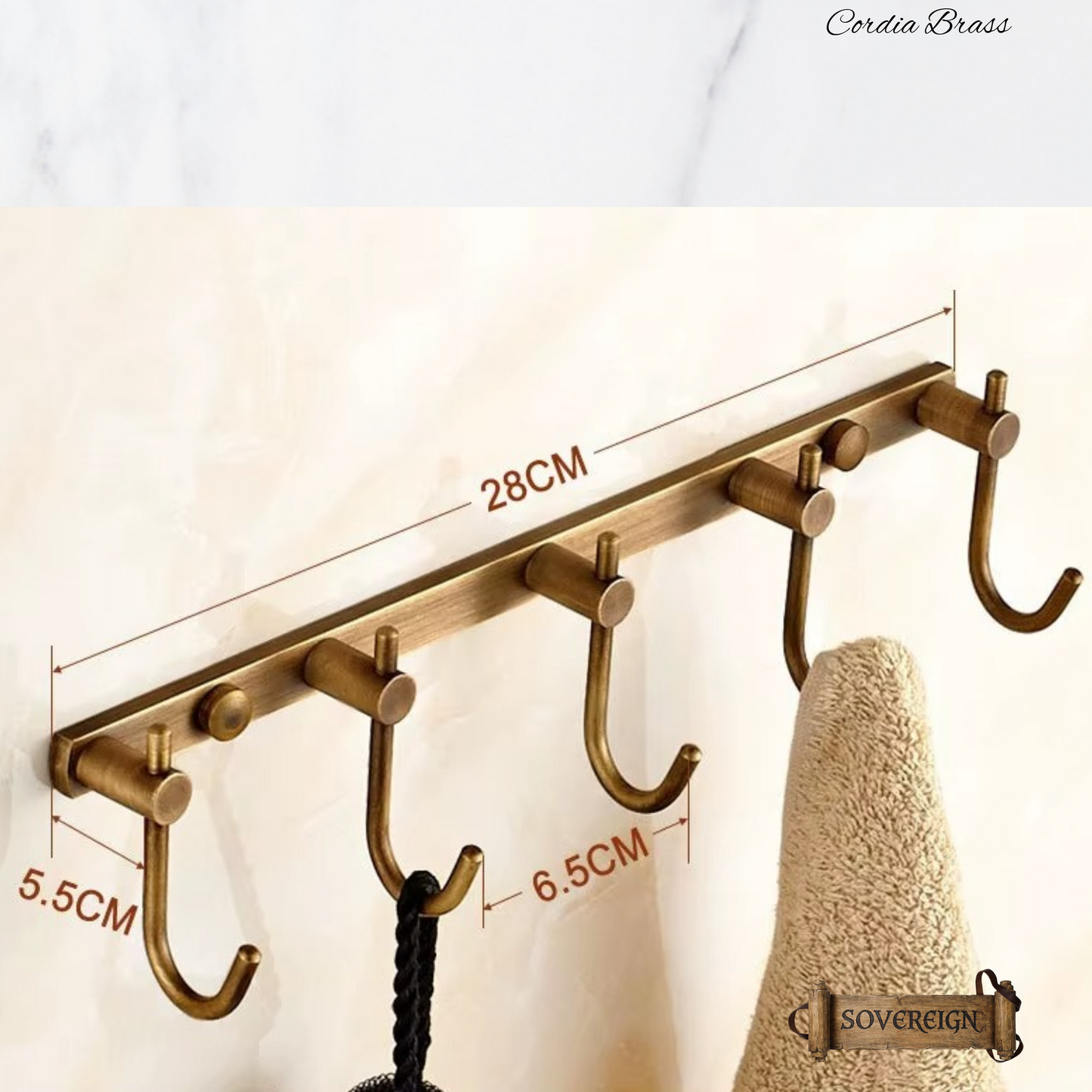 "Cordia" Sovereign 5 Hook Rack antiqued brass 280mm long