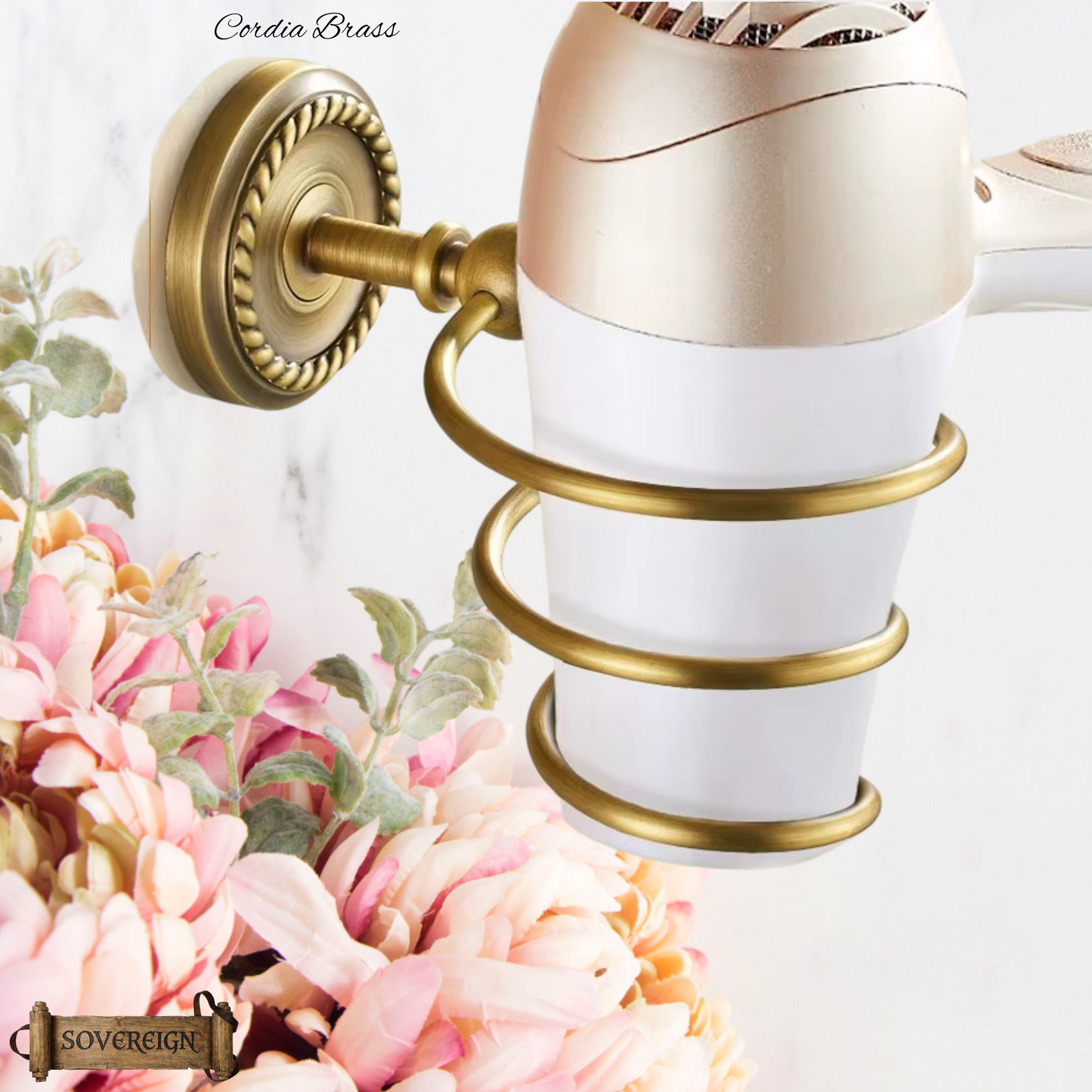 "Cordia" Sovereign Hair dryer holder Antiqued brass
