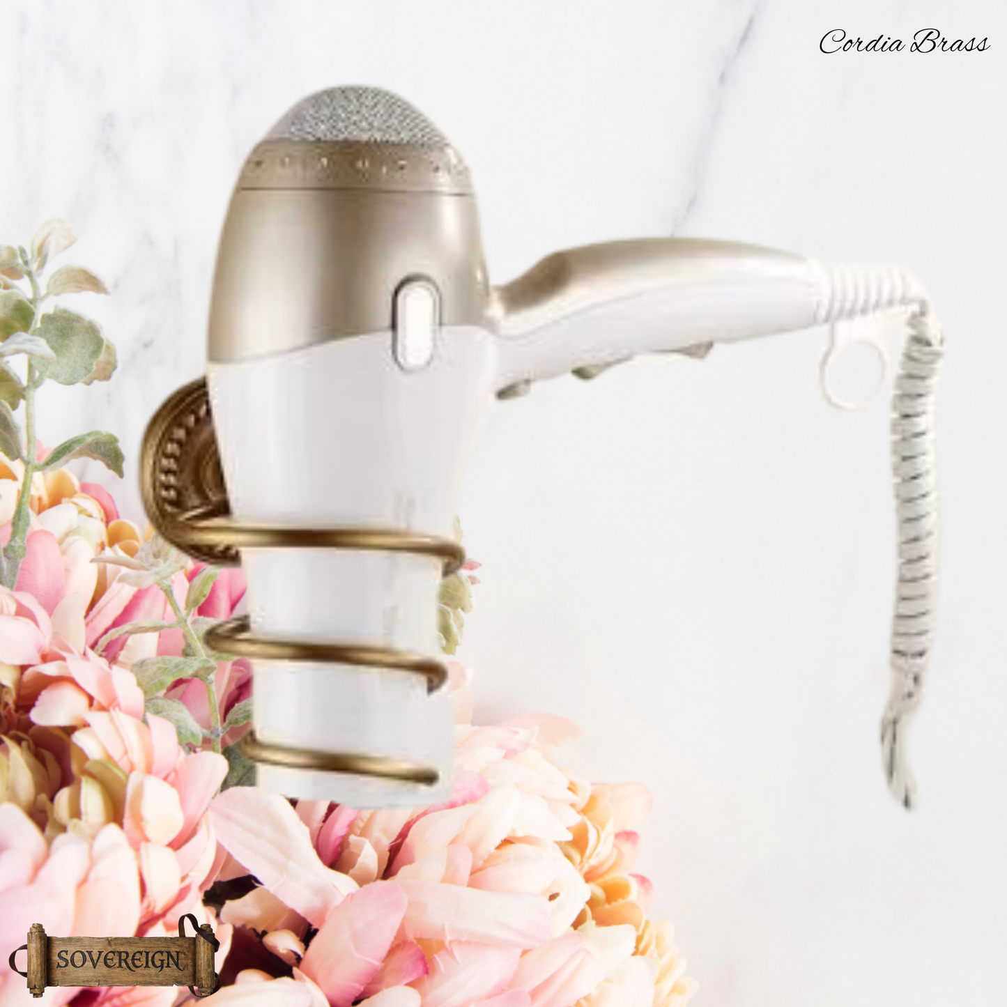 "Cordia" Sovereign Hair dryer holder Antiqued brass