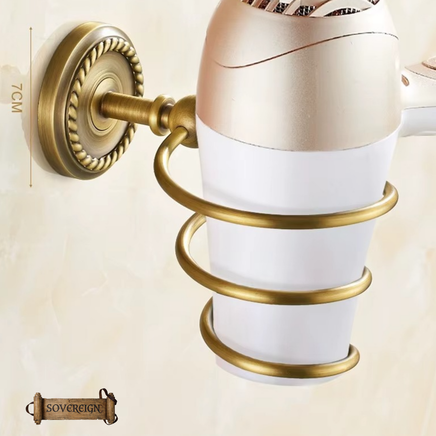 "Cordia" Sovereign Hair dryer holder Antiqued brass