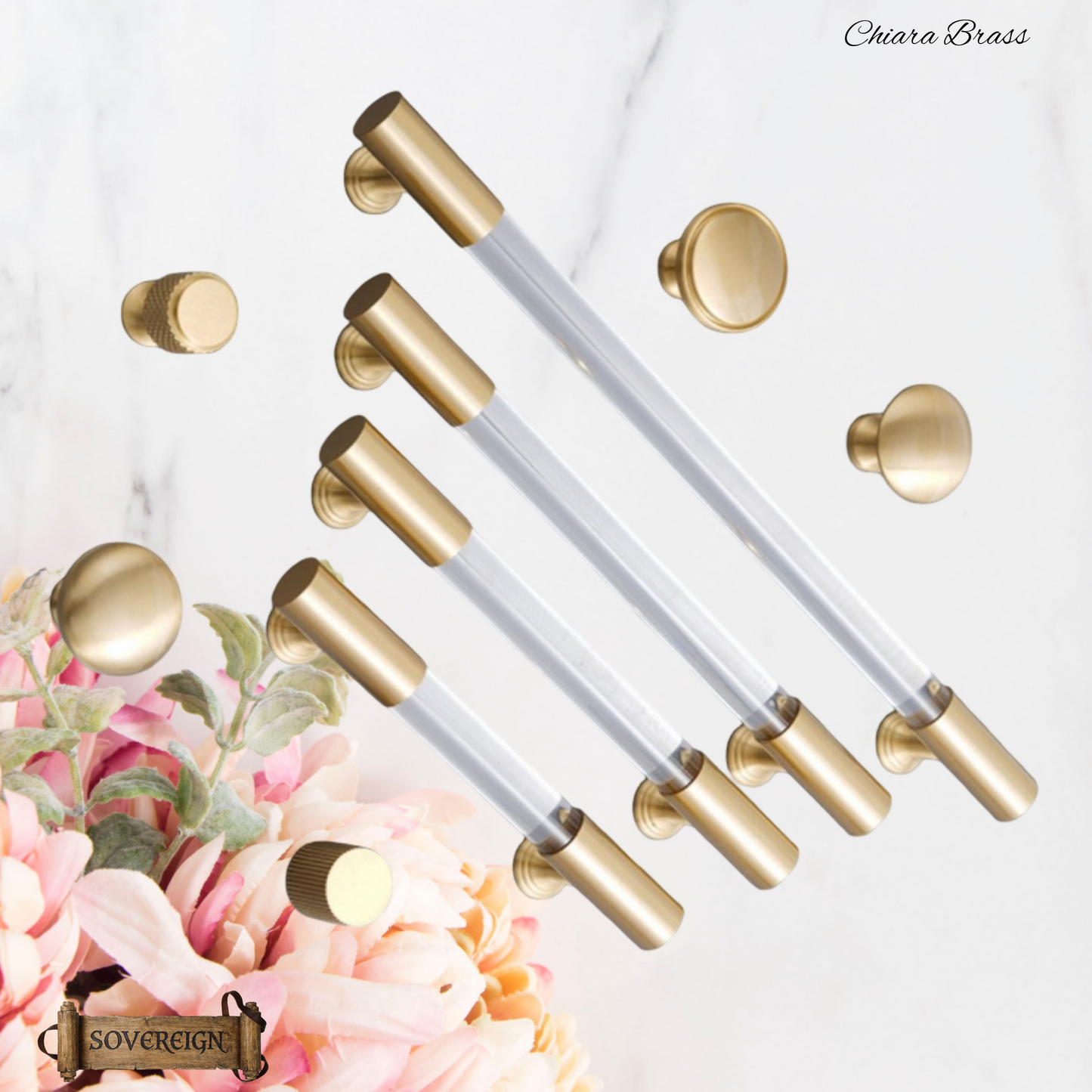 "Chiara" Sovereign Clear Acrylic & Brass cabinet T-Bar Handles -5 Sizes