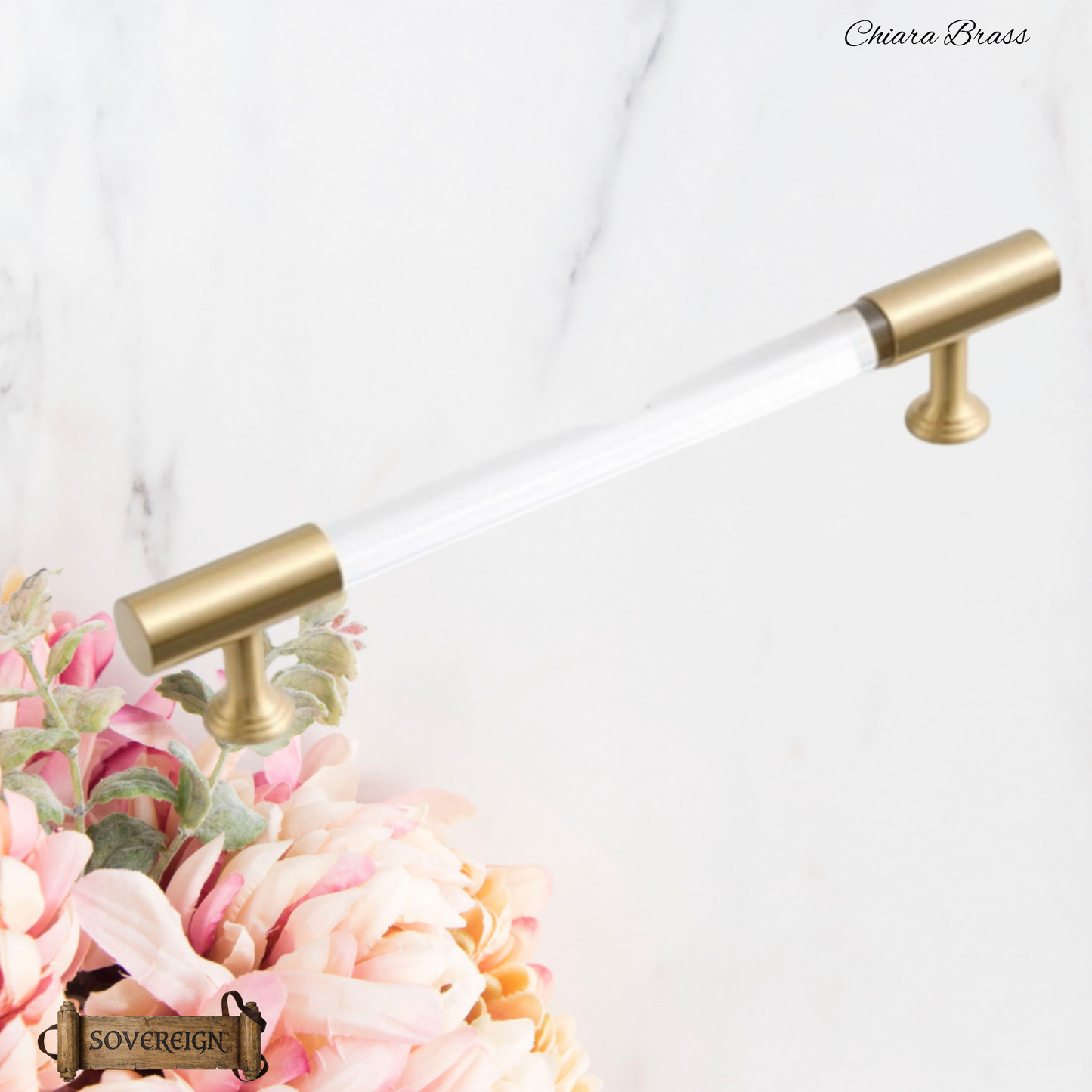 "Chiara" Sovereign Clear Acrylic & Brass cabinet T-Bar Handles -5 Sizes