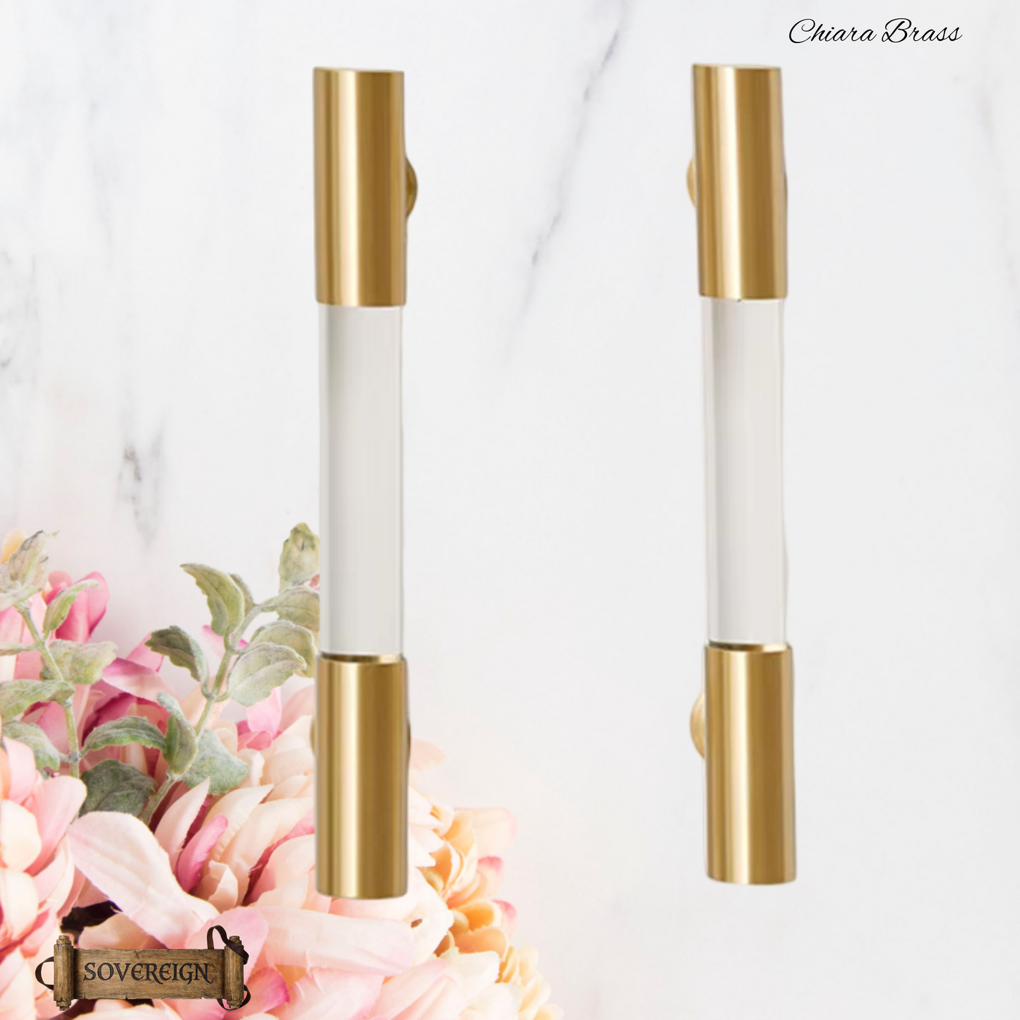 "Chiara" Sovereign Clear Acrylic & Brass cabinet T-Bar Handles -5 Sizes