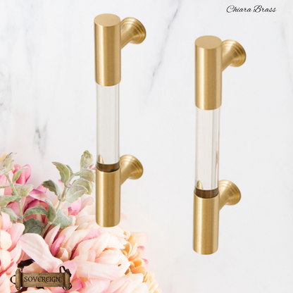 "Chiara" Sovereign Clear Acrylic & Brass cabinet T-Bar Handles -5 Sizes