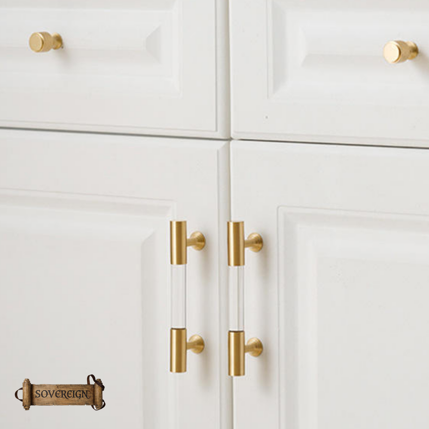 "Chiara" Sovereign Clear Acrylic & Brass cabinet T-Bar Handles -5 Sizes