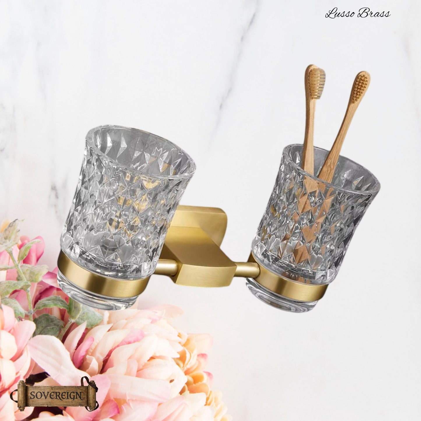 "Lusso" Sovereign Bathroom Double Cup Holder -Brushed brass