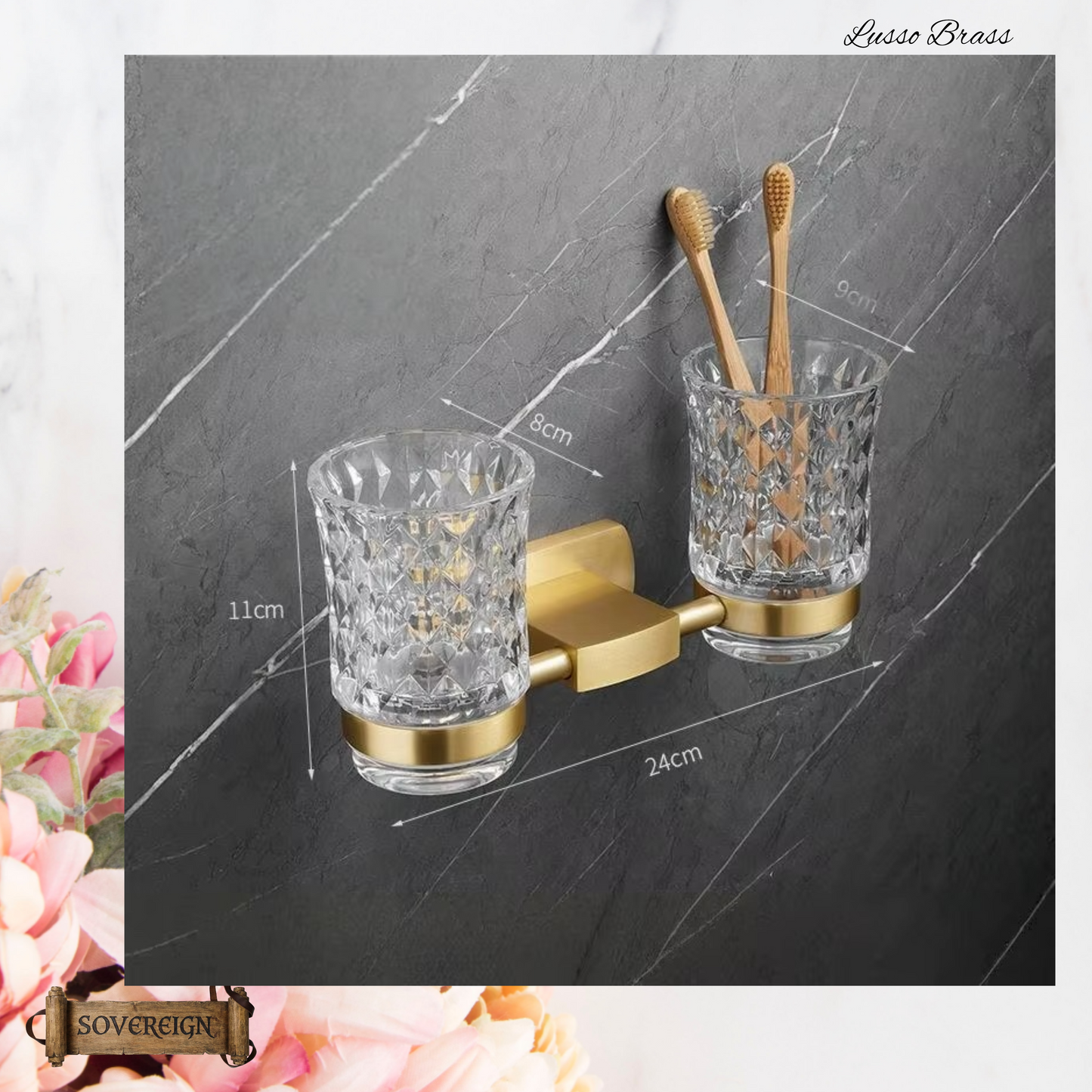 "Lusso" Sovereign Bathroom Double Cup Holder -Brushed brass