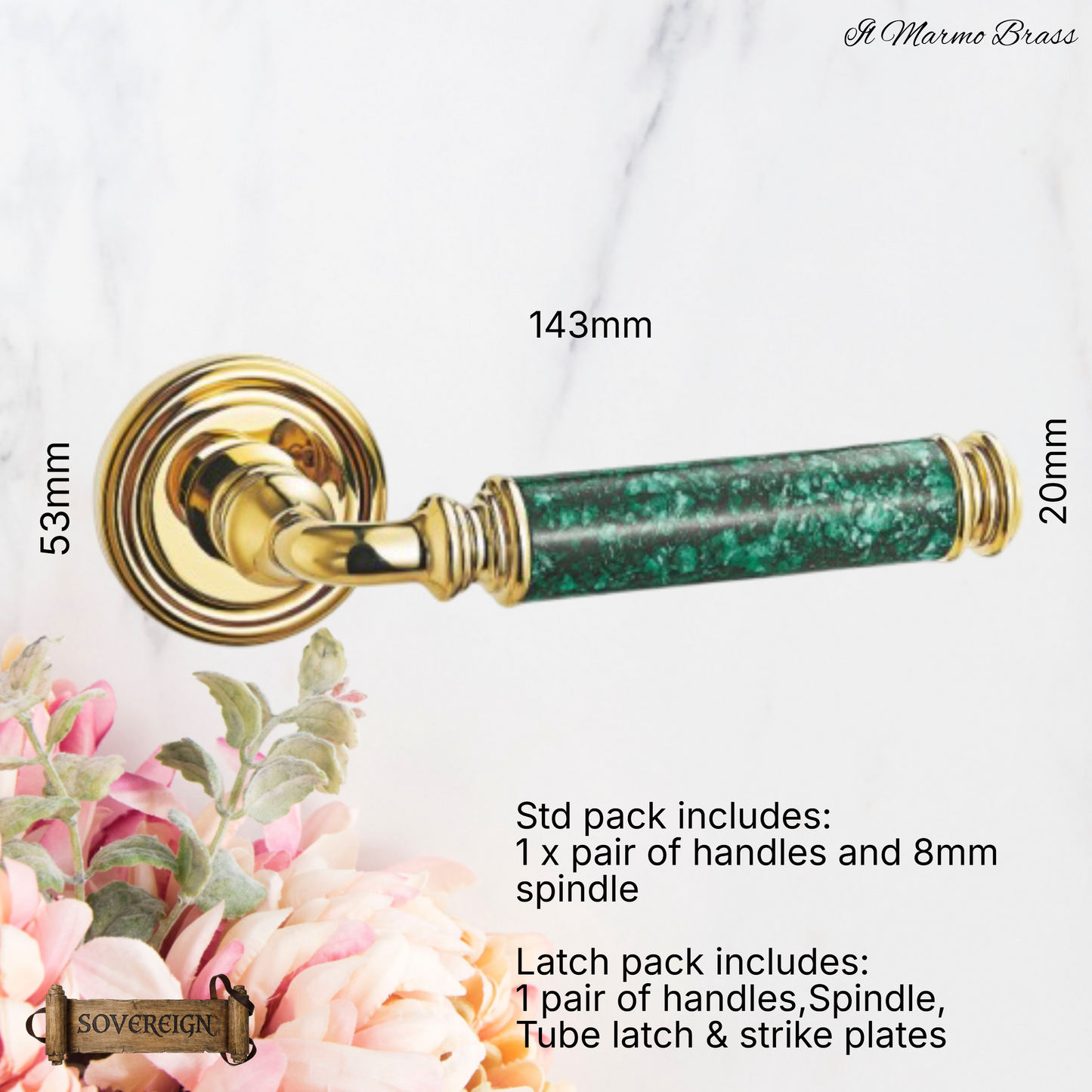 Il Marmo Sovereign Door lever handle  Brass/Green marble effect