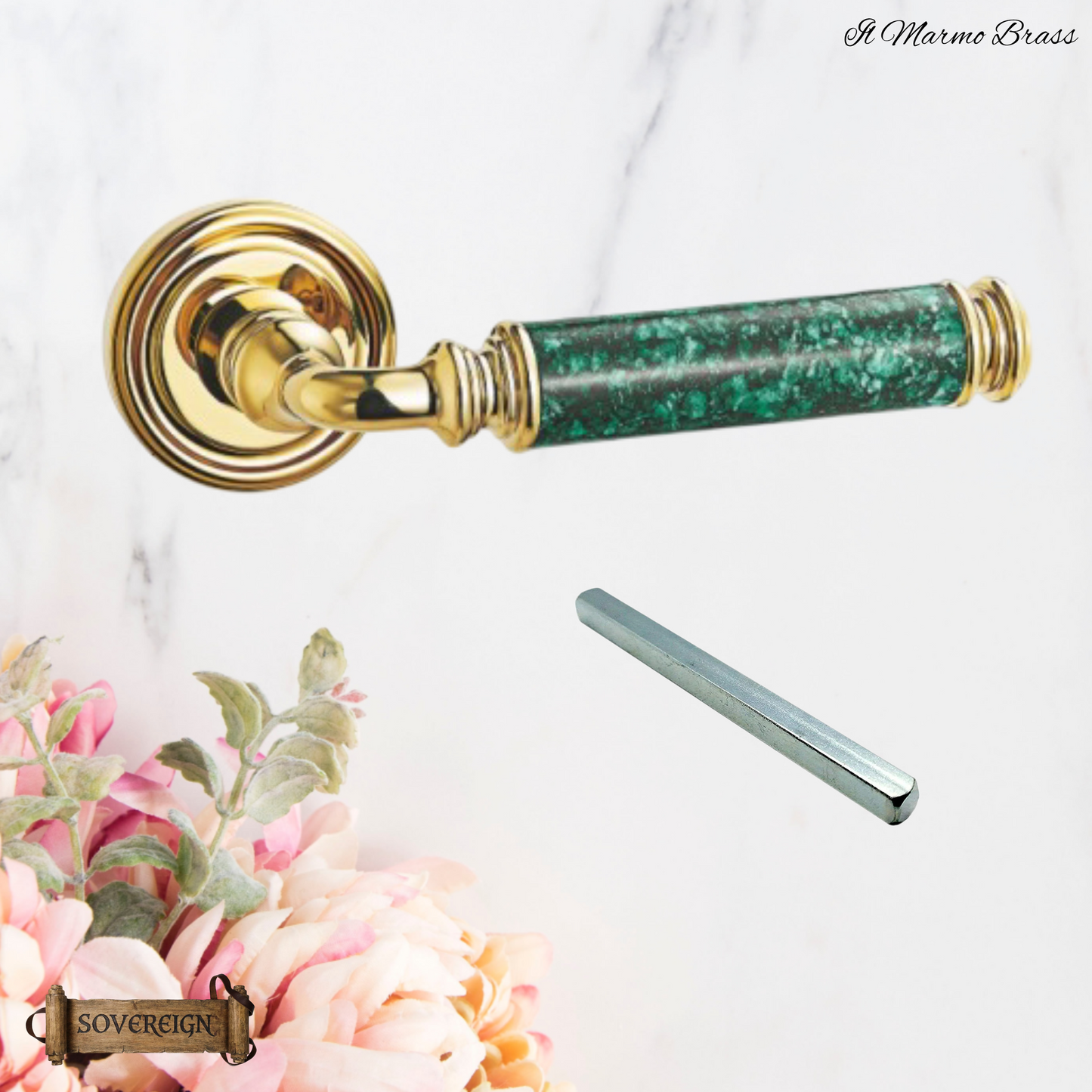 Il Marmo Sovereign Door lever handle  Brass/Green marble effect