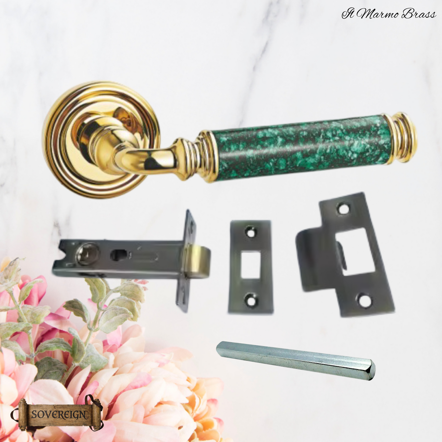 Il Marmo Sovereign Door lever handle  Brass/Green marble effect