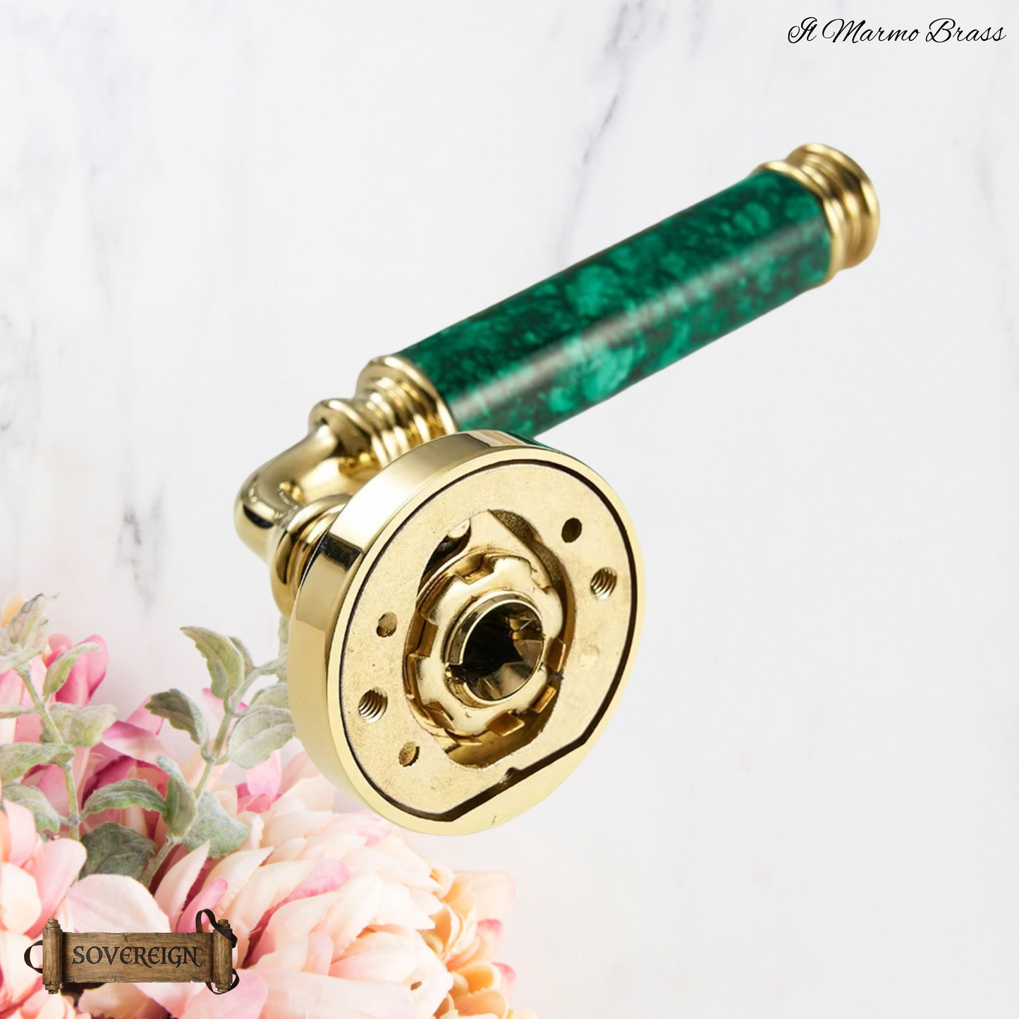 Il Marmo Sovereign Door lever handle  Brass/Green marble effect