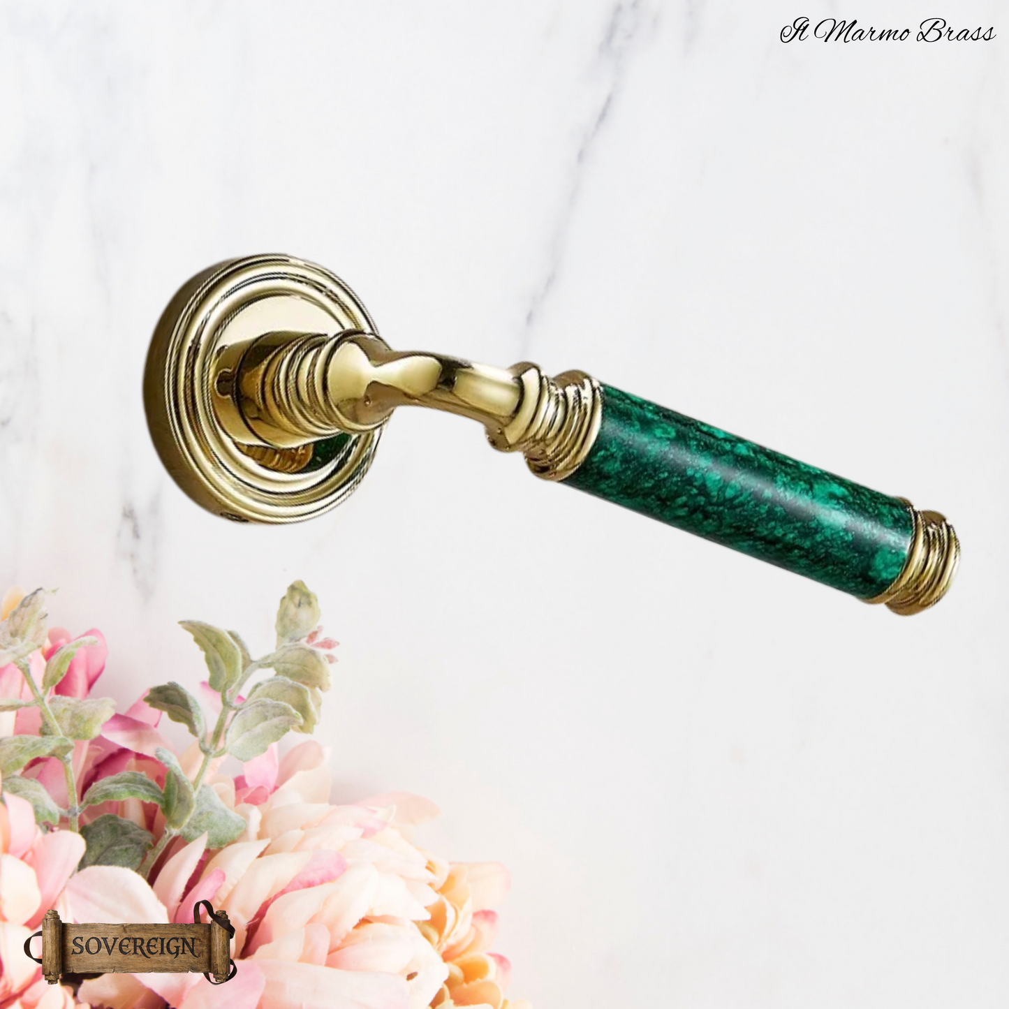 Il Marmo Sovereign Door lever handle  Brass/Green marble effect