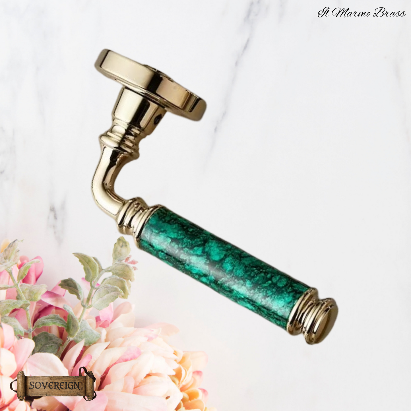 Il Marmo Sovereign Door lever handle  Brass/Green marble effect