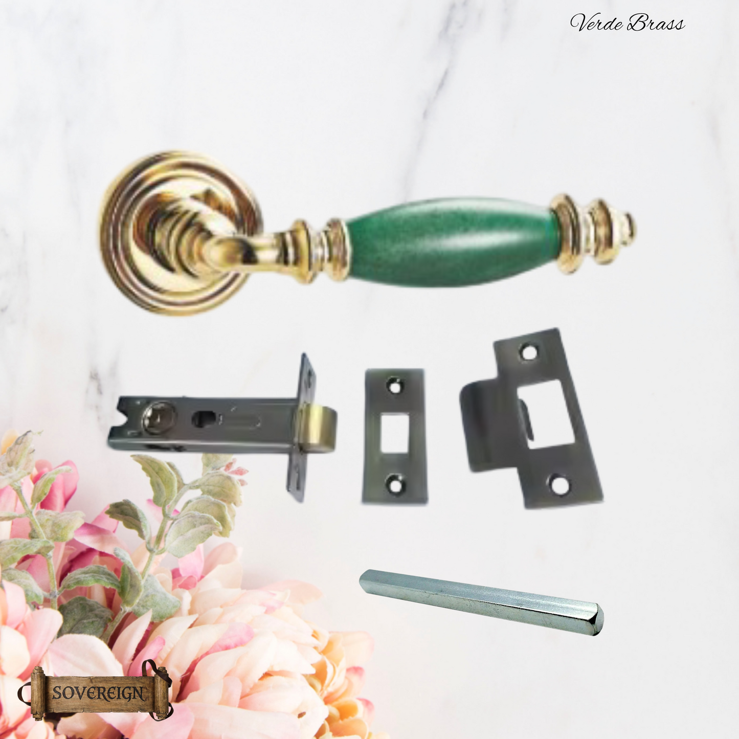 Verde Sovereign Door lever handle Pol Brass/Green effect