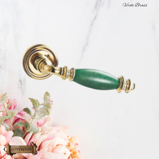 Verde Sovereign Door lever handle Pol Brass/Green effect