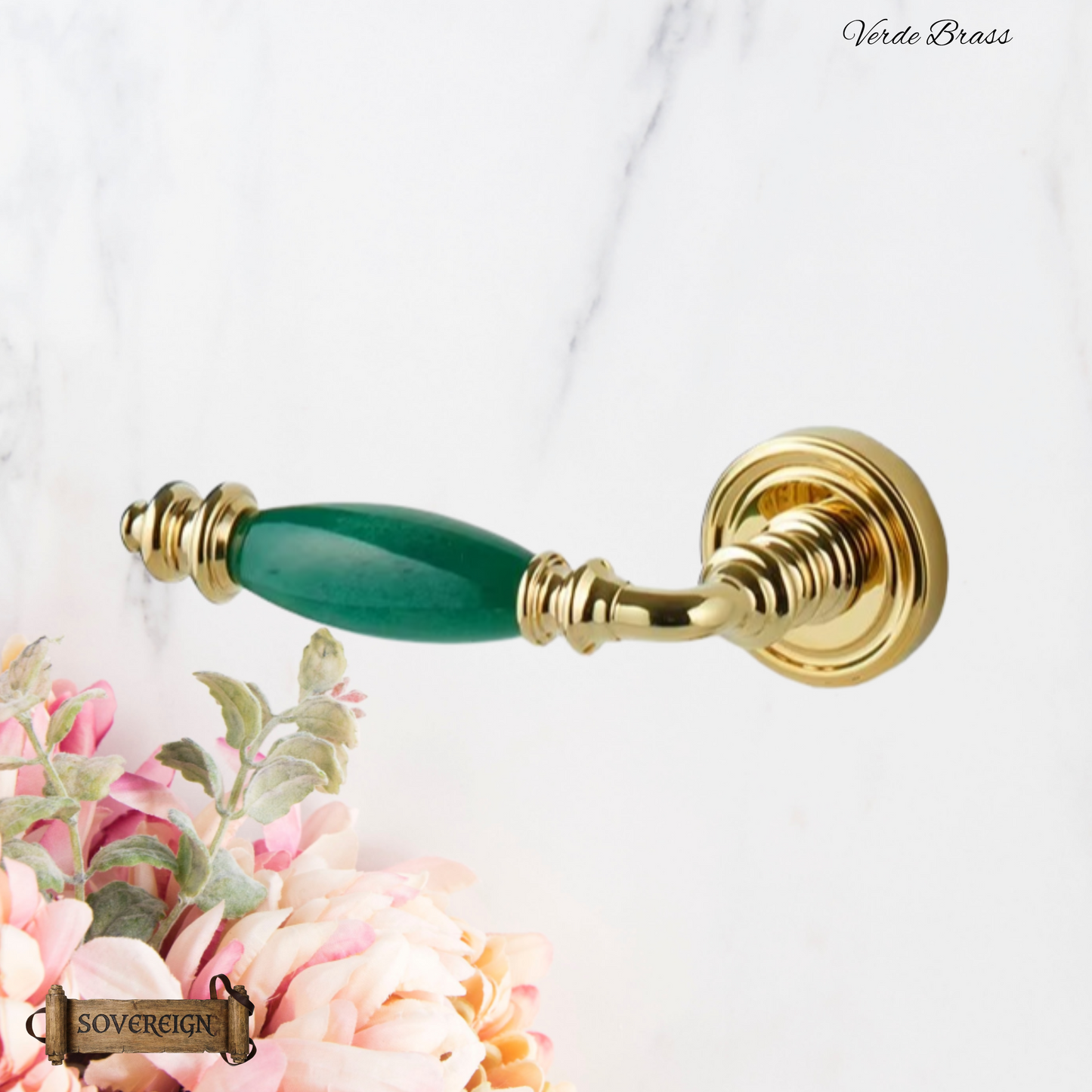 Verde Sovereign Door lever handle Pol Brass/Green effect