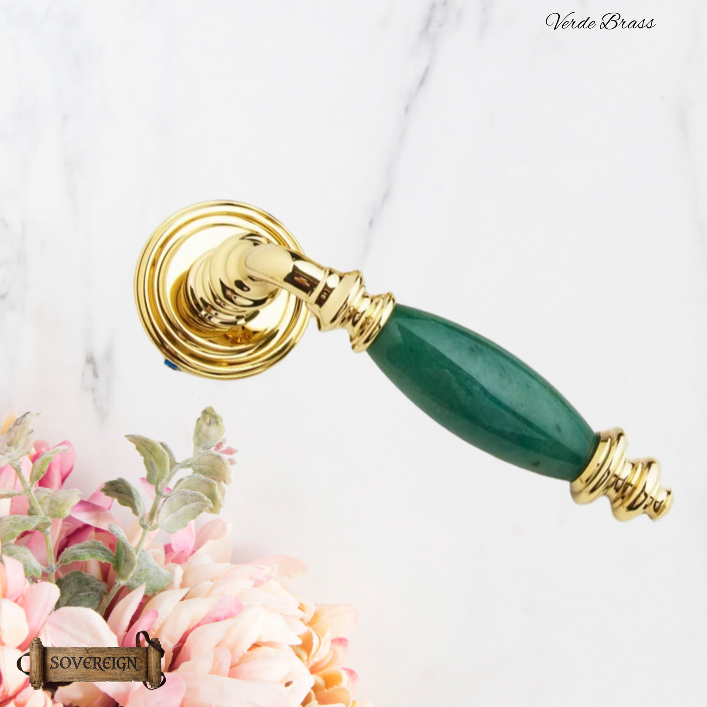 Verde Sovereign Door lever handle Pol Brass/Green effect