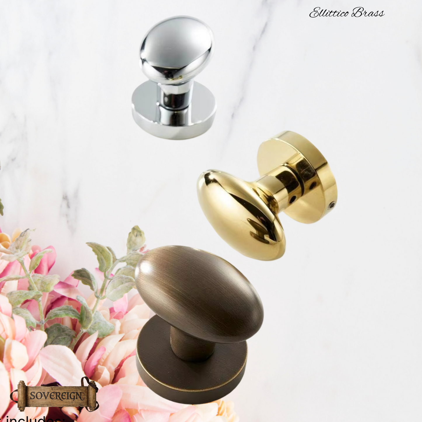Ellittico Sovereign Oval brass Door knob (3 Finishes)
