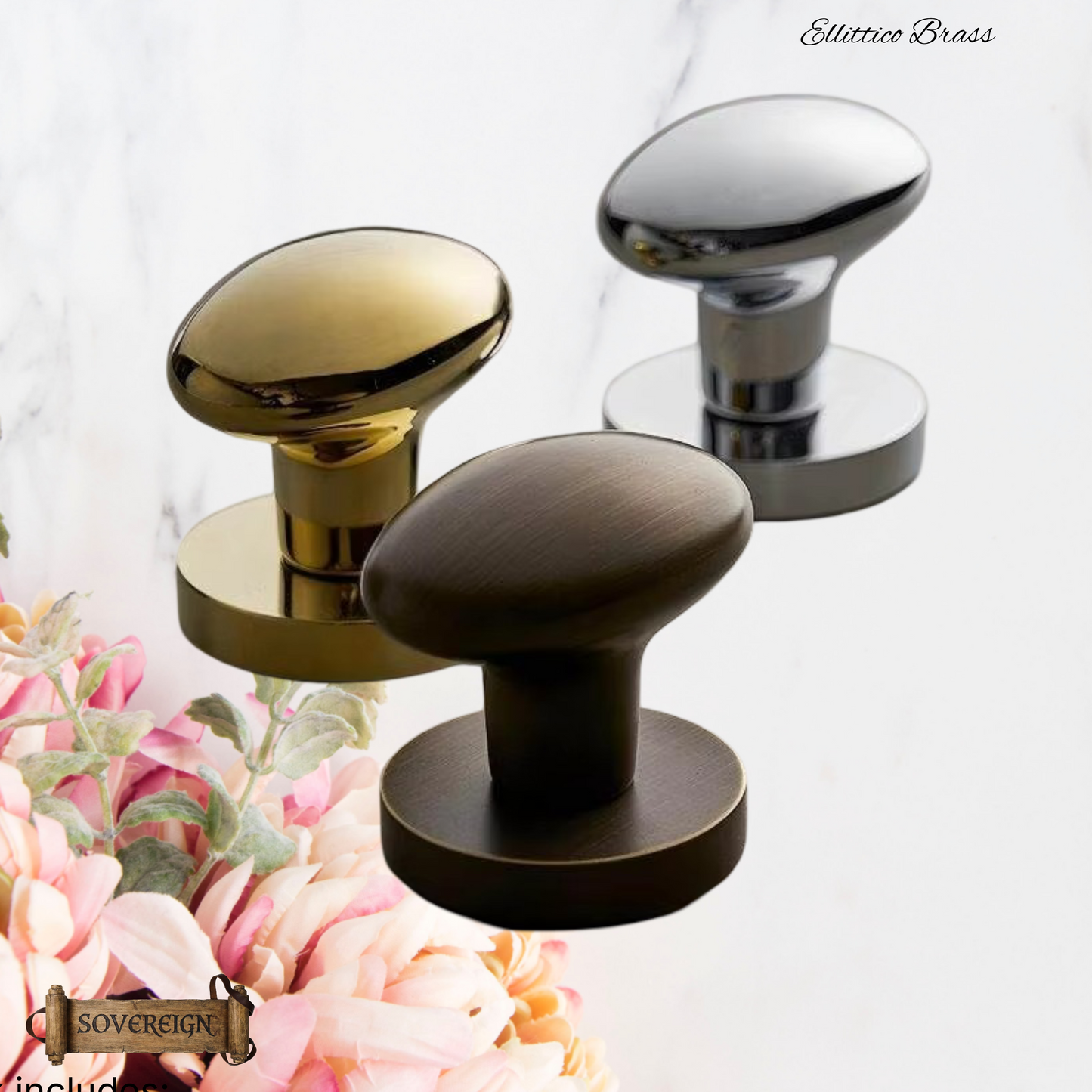 Ellittico Sovereign Oval brass Door knob (3 Finishes)