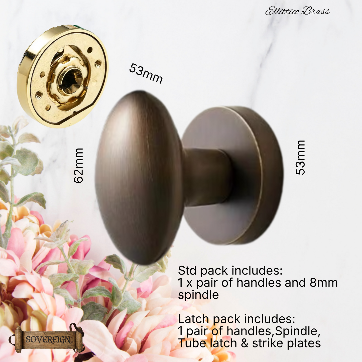 Ellittico Sovereign Oval brass Door knob (3 Finishes)
