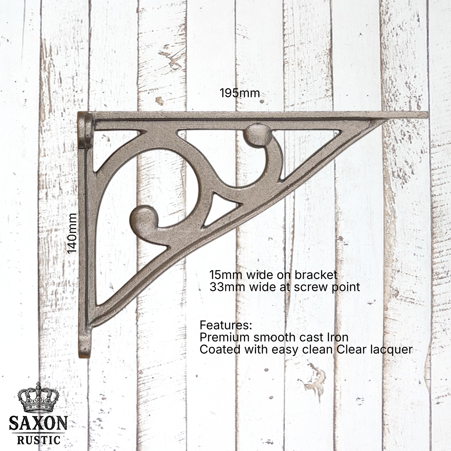 Premium Clear Lacquered Koru Cast iron shelf bracket 195mm x140mm