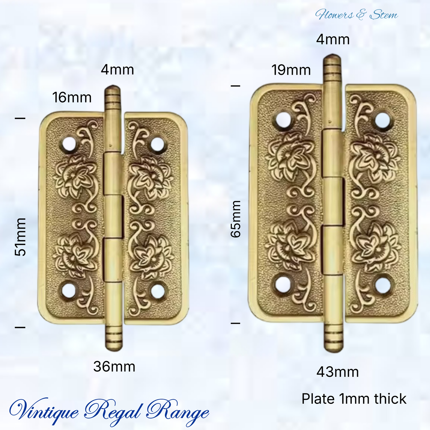 Solid Brass Flower and Stem ornate Hinge 51mm & 65mm