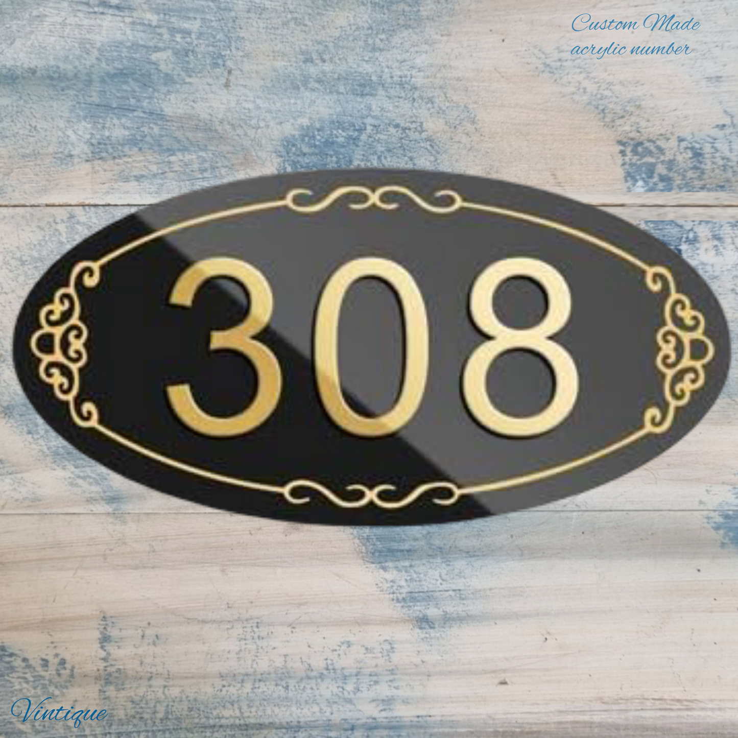 Custom Oval Acrylic Black/Gold house number (  3 sizes)
