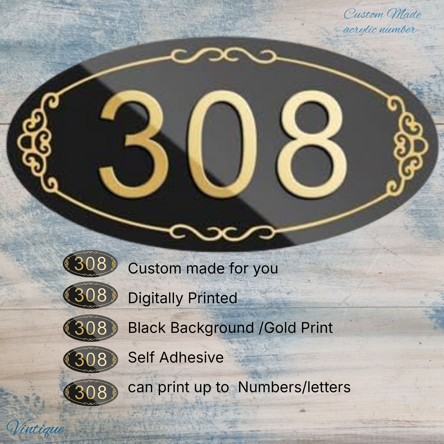 Custom Oval Acrylic Black/Gold house number (  3 sizes)