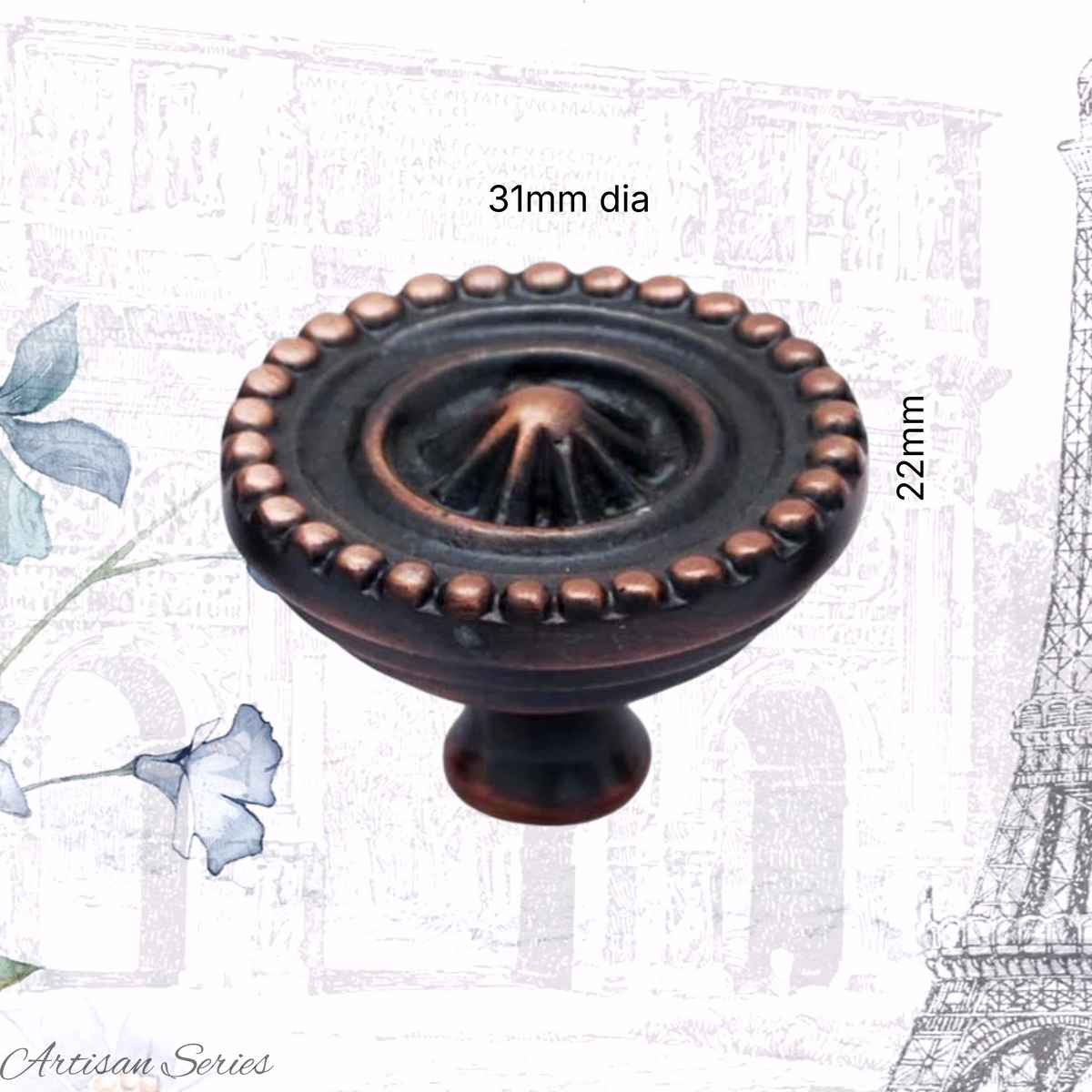 Artisan Brass Beaded Antique Copper Cabinet knob  31mm dia