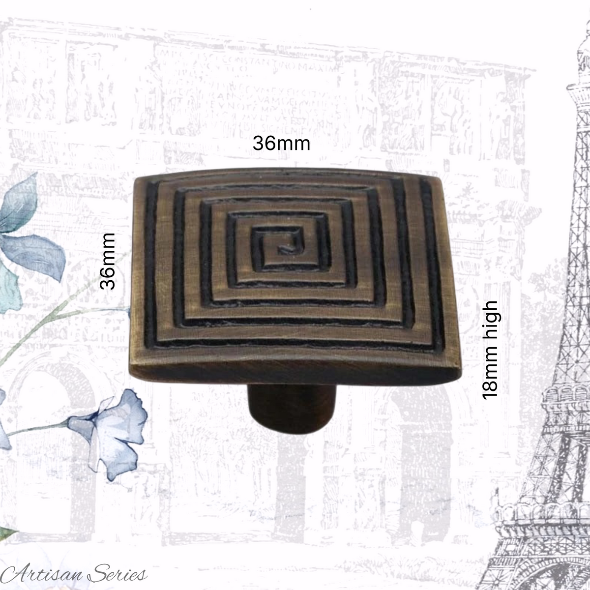 Artisan Square Spiral Solid Antique Brass Cabinet knob  36mmx36mm