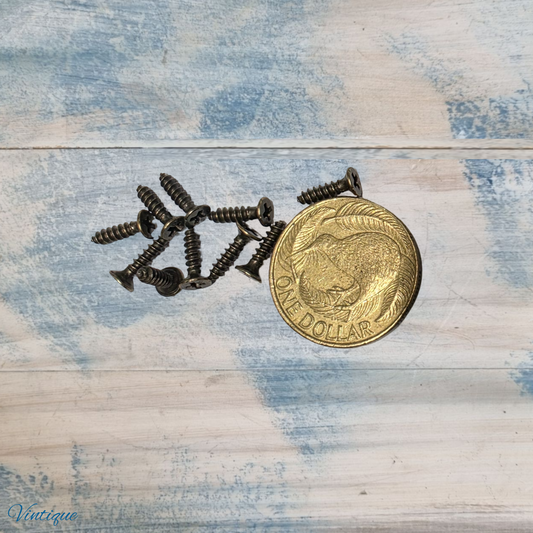 Ten 10mm long bronze wood screws arranged beside a one dollar coin on a textured blue and white background.