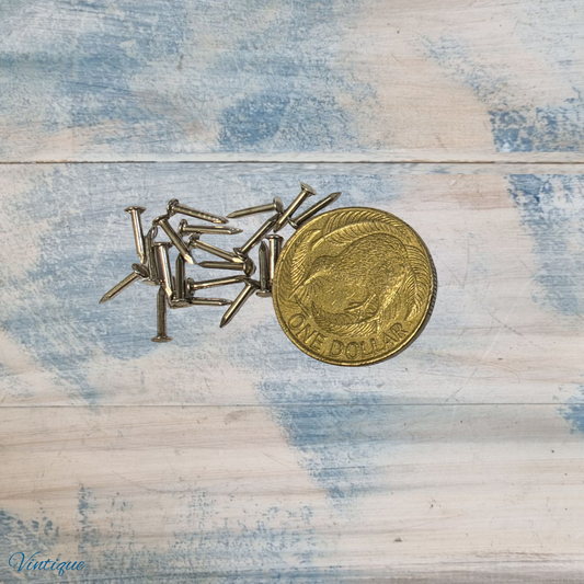 Silver hardware pins scattered around a gold coin with 'ONE DOLLAR' inscribed, on a textured blue background.