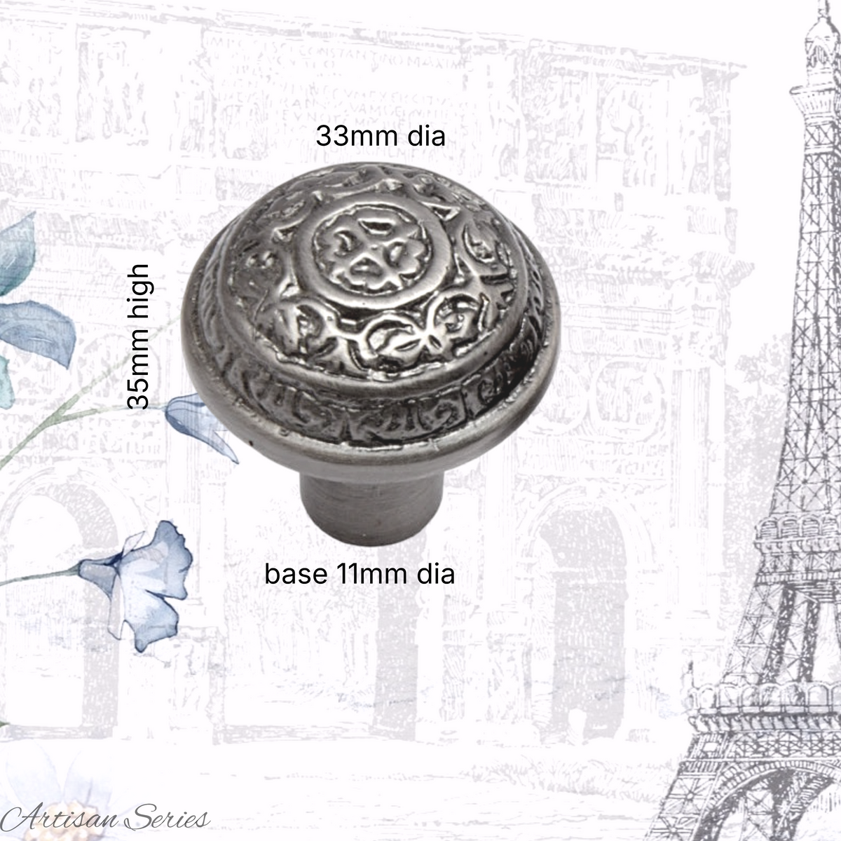 Artisan Antique Brushed Nickel celtic rose Cabinet Knob 33mm dia