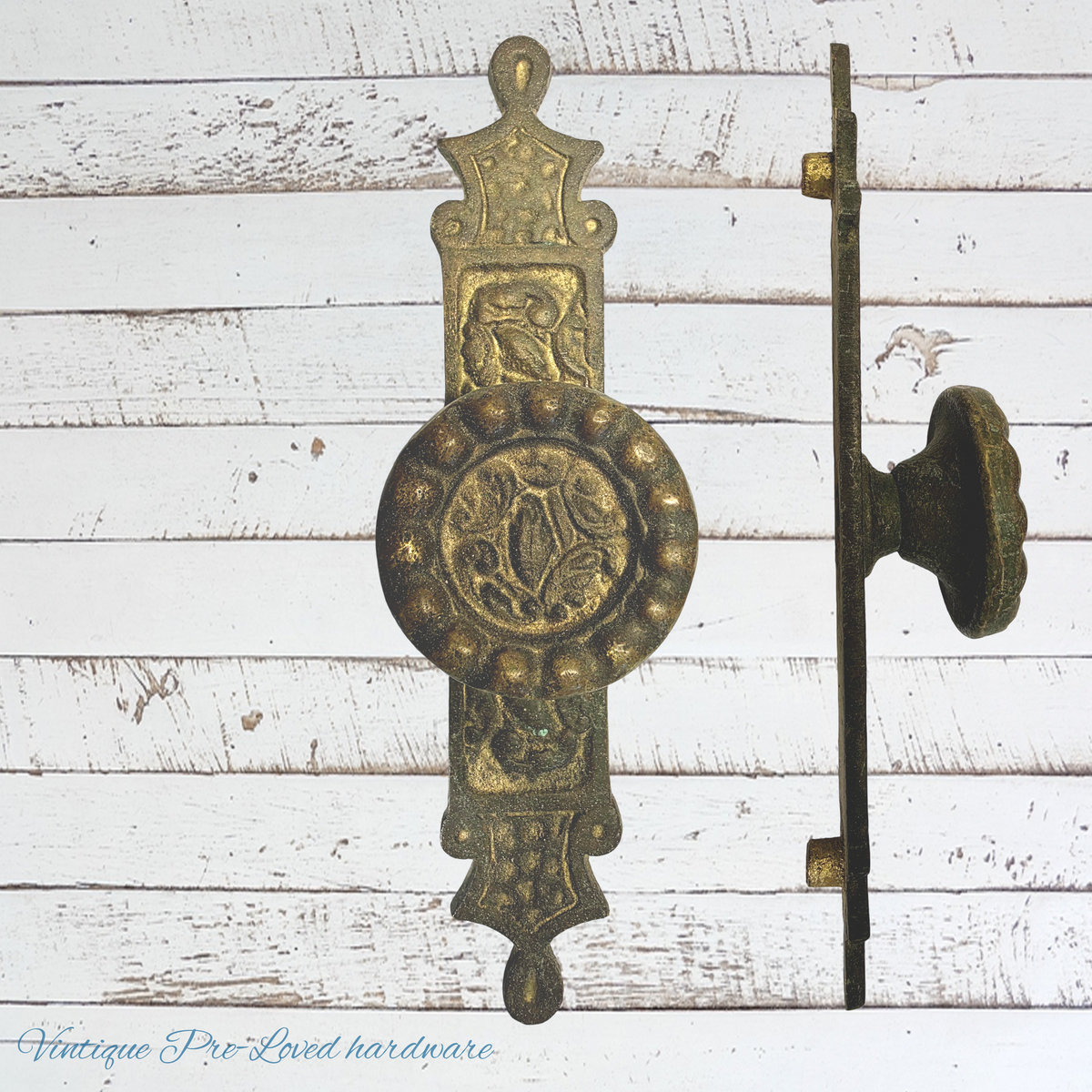 recycled antique Cast Brass cabinet knob 53mm dia and backplate (200mm long)