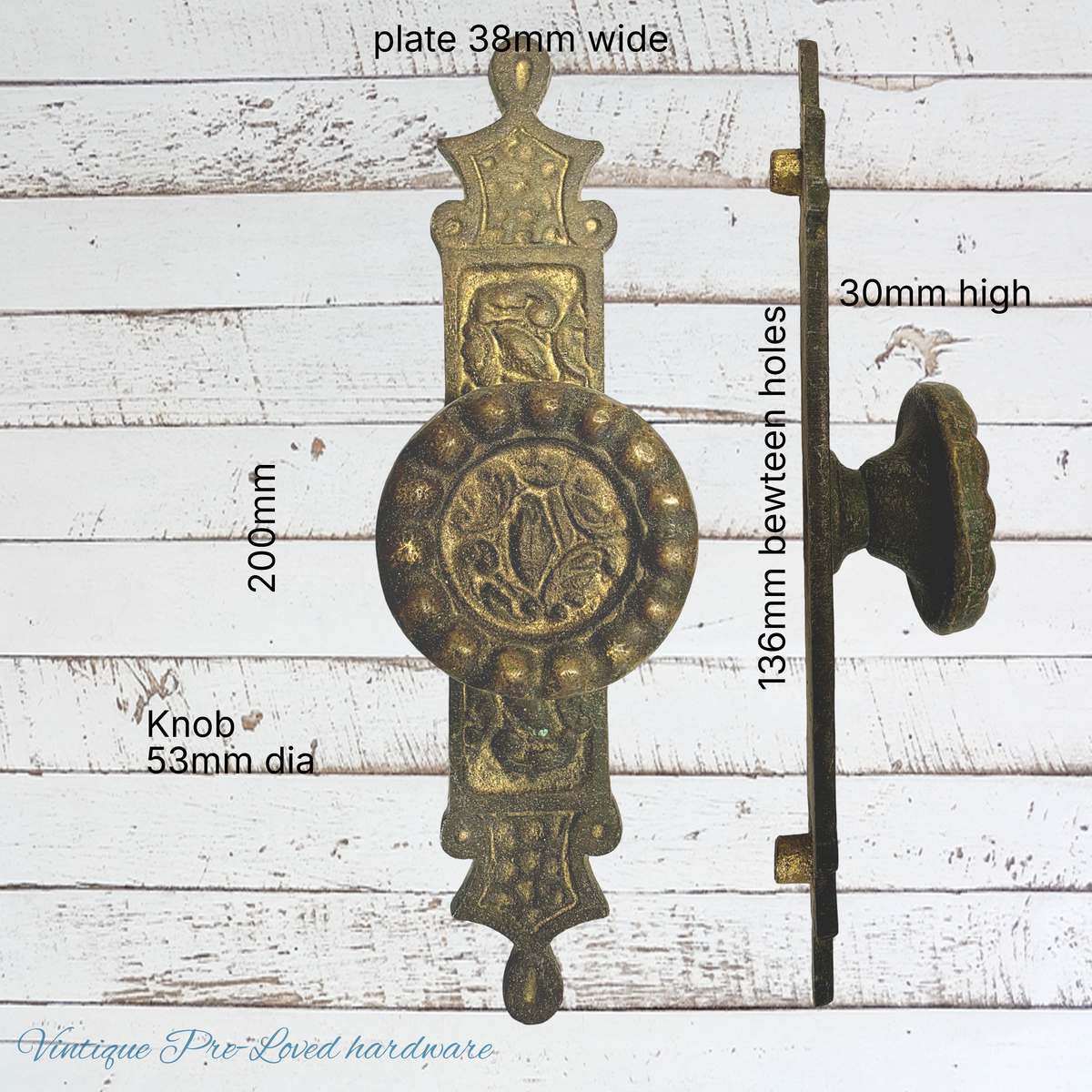 recycled antique Cast Brass cabinet knob 53mm dia and backplate (200mm long)