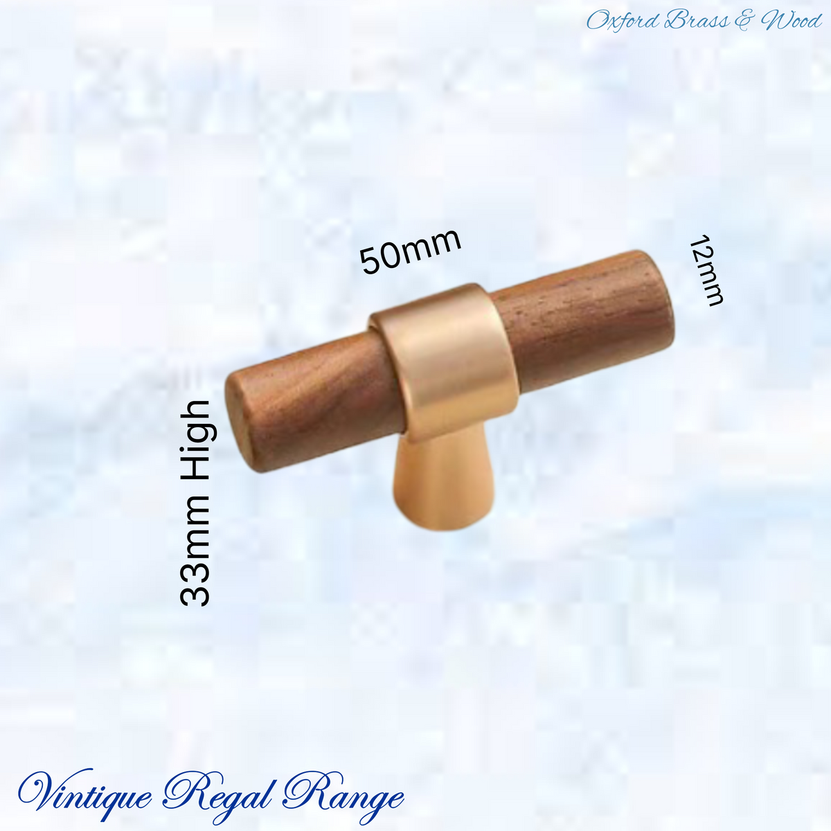Oxford Walnut & Brass T-Bar cabinet handle/Knob 50mm long
