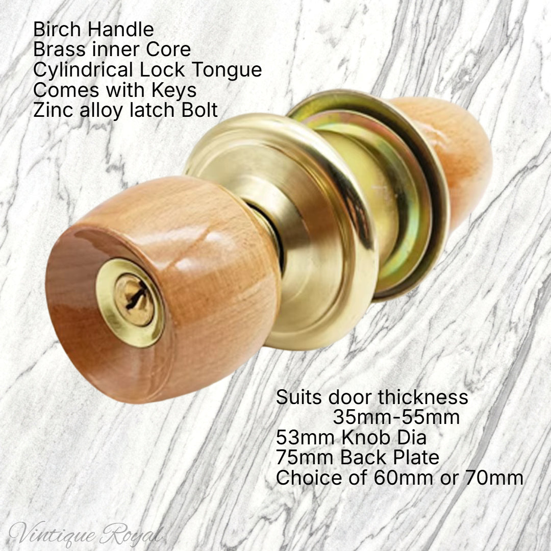 Birch door knob with brass inner core, cylindrical lock tongue, and zinc alloy latch bolt, featuring a stylish rose design